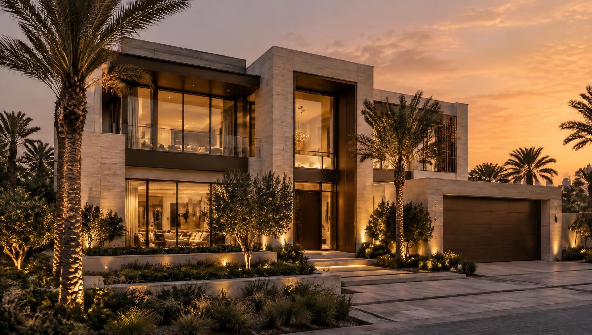 Illustrative contemporary standalone villa at dusk