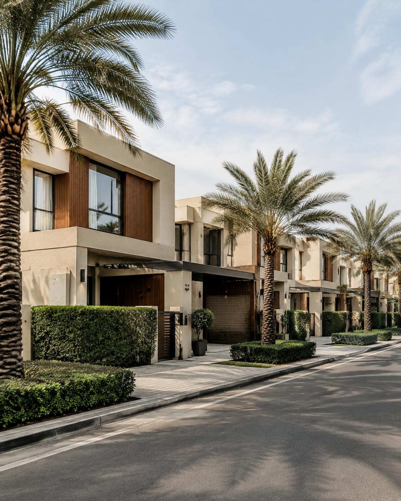 Illustrative row of contemporary townhouses