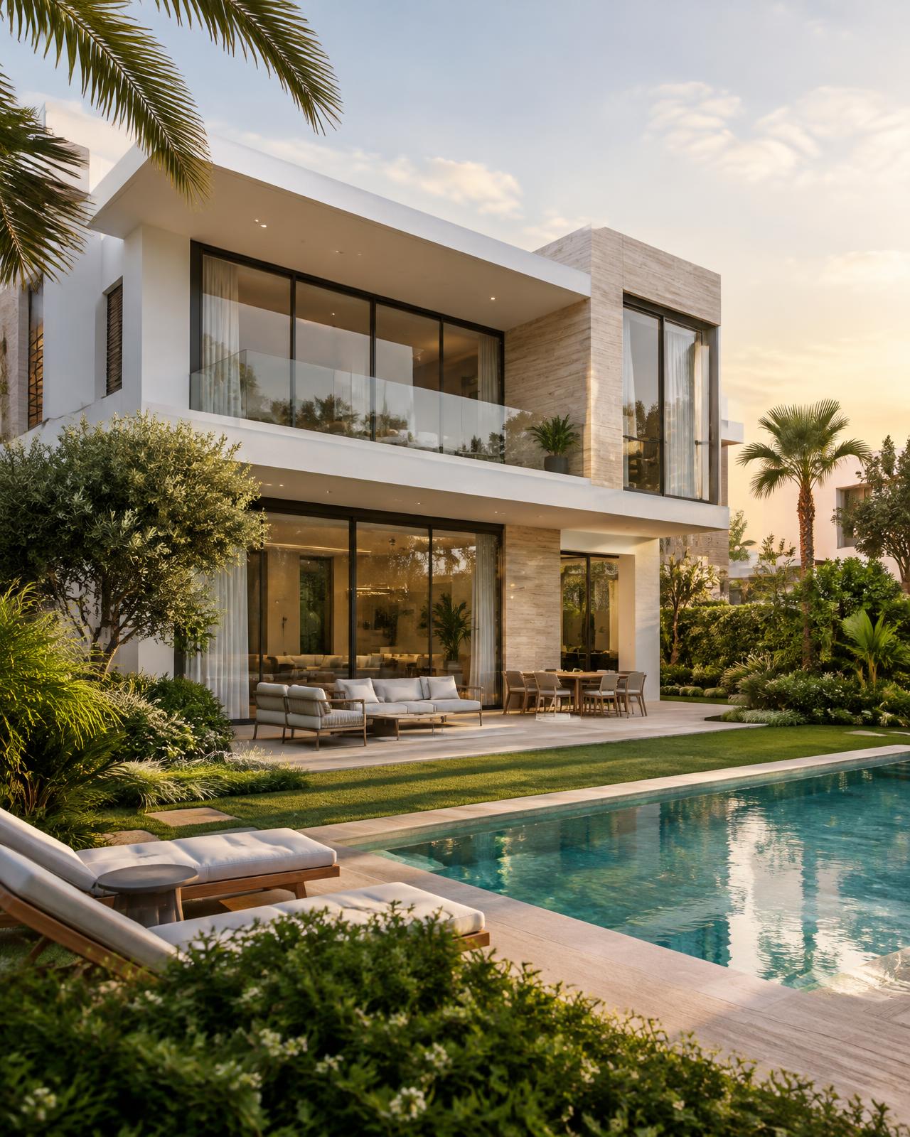 Illustrative villa with landscaped garden and pool